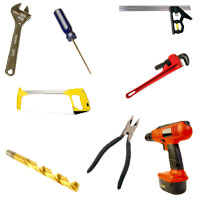 Hardware tools - Wrench, screwdriver, level, pliers, drill